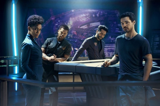 THE EXPANSE -- Season:2 -- Pictured: (l-r) Dominique Tipper as Naomi Nagata, Wes Chatham as Amos Burton, Cas Anvar as Alex Kamal, Steven Strait as Earther James Holden -- (Photo by: Kurt Iswarienko/Syfy)